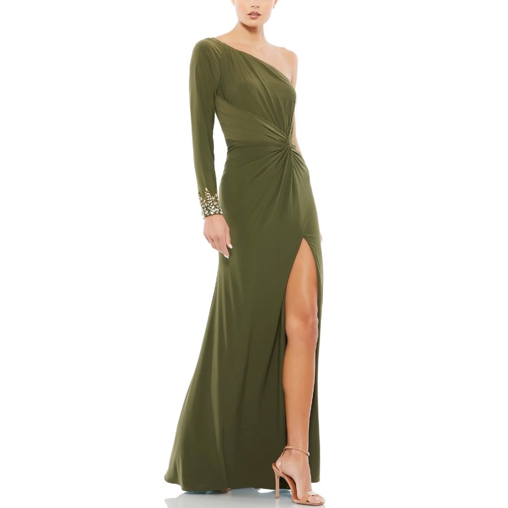 Mac Duggal One Sleeve Beaded Cuff Side Twist Gown, Olive, size 14